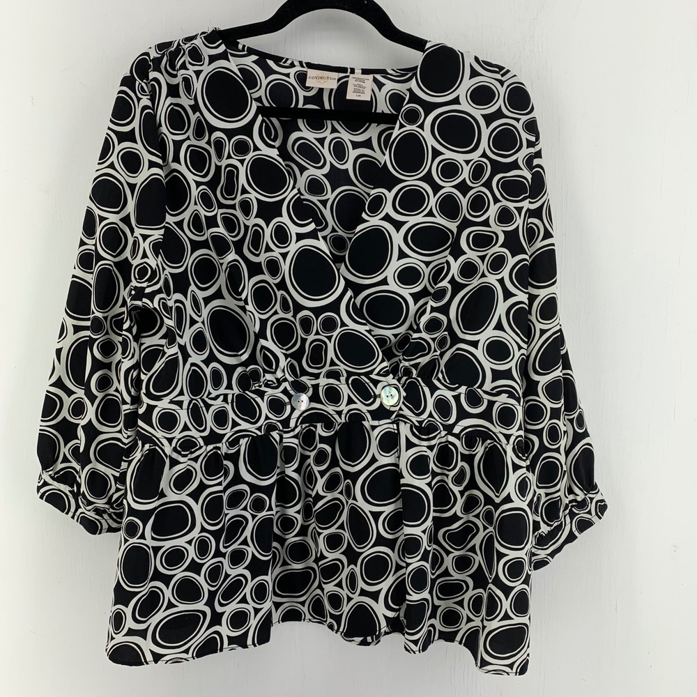 Mod Retro Artsy Womens Large Black White Geometric Circle Wrap Peplum Blouse